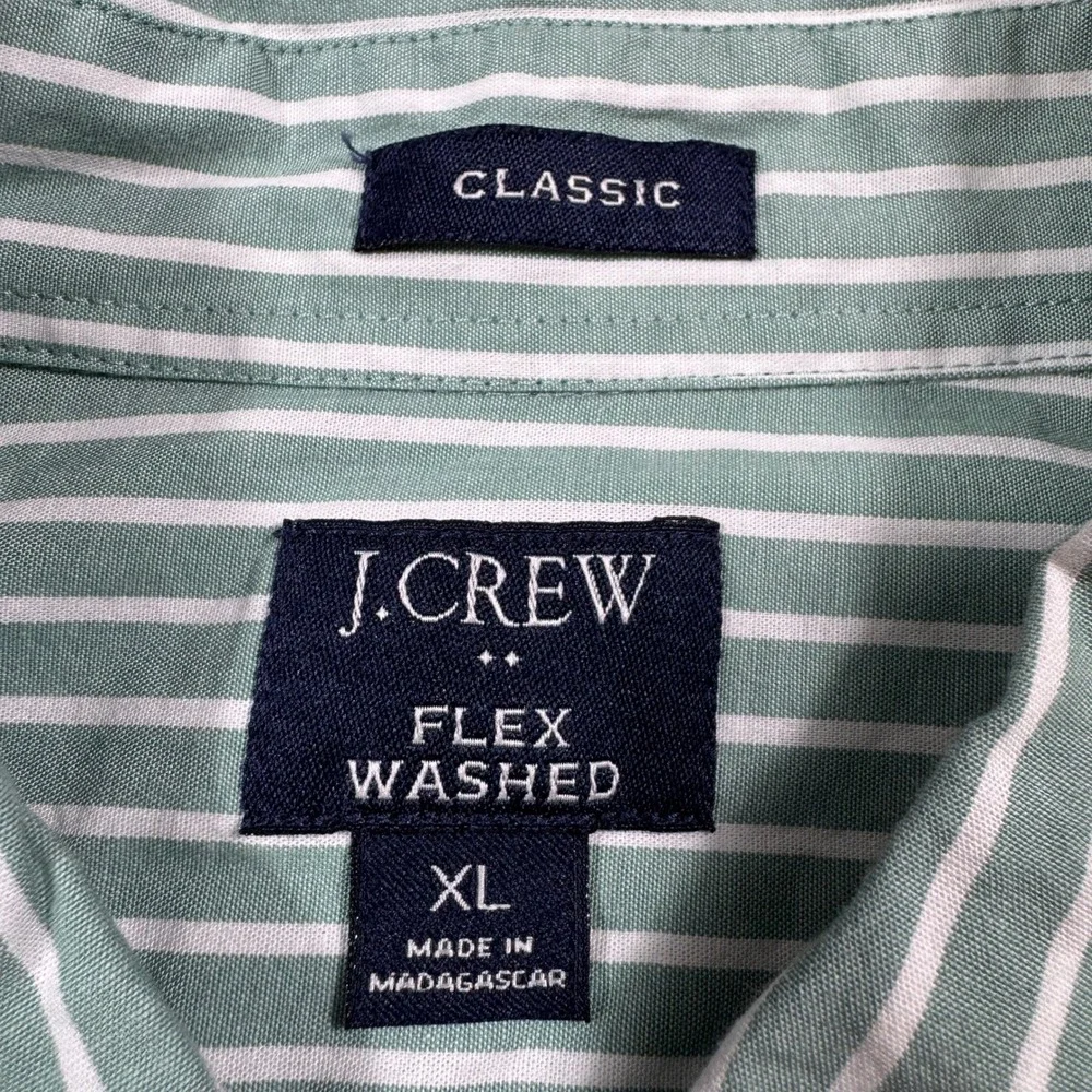 J.Crew Flex Washed Shirt Mens XL‎ Classic Fit Green White Striped Button Down